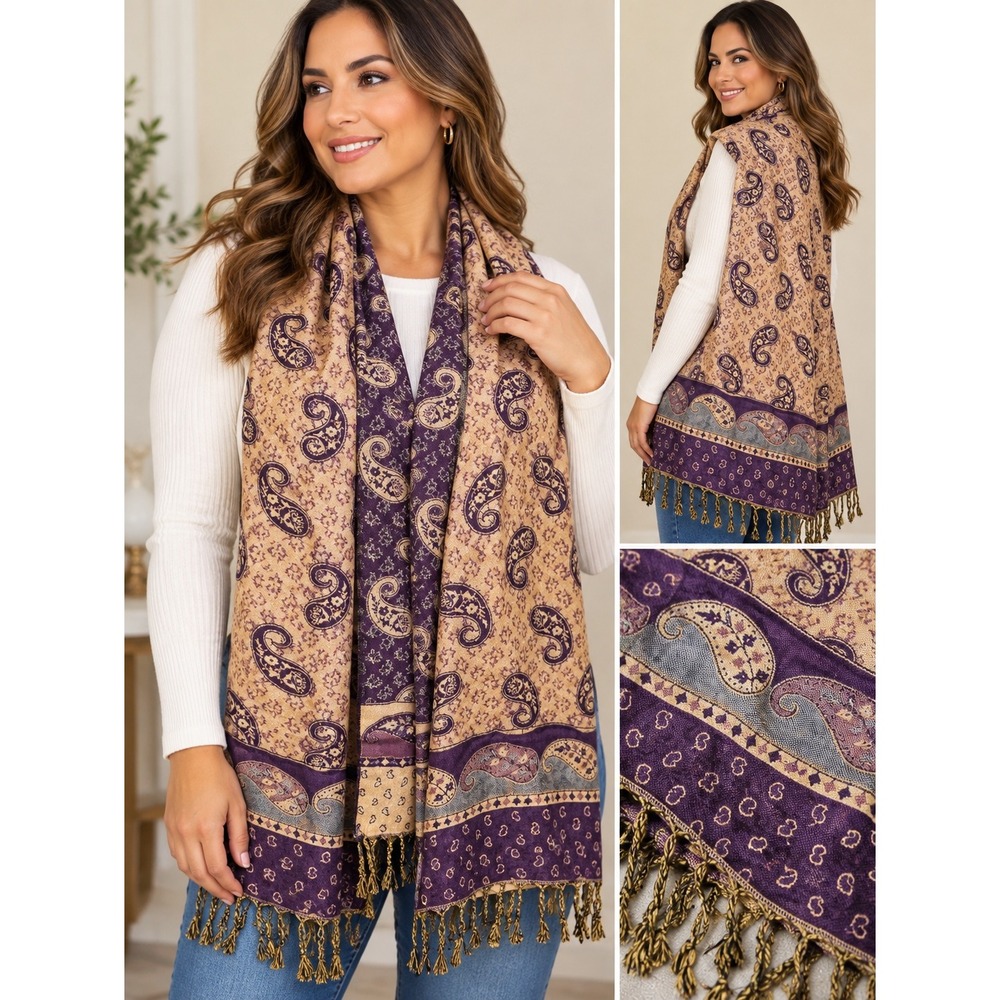 Purple Gold Paisley Pashmina Scarf 100% Viscose Fringe Wrap Shawl Made in India